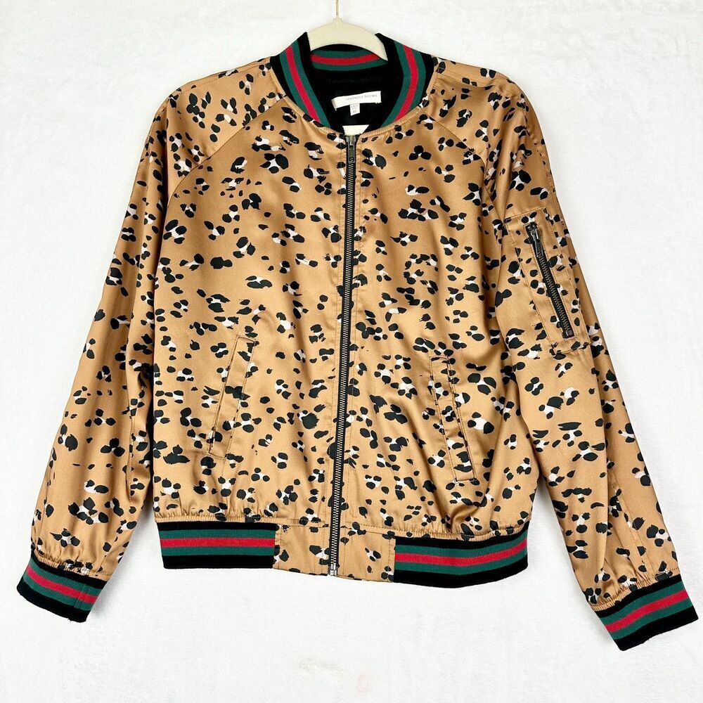 Lavender Brown Leopard Bomber Jacket Size Medium Full Zip Lined Pockets